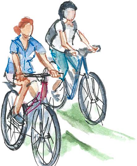 deux personnes se promenant à bicyclette, vus de face