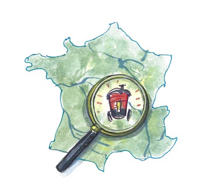 aquarelle représentant la France et une loupe zoomant sur une caravane rouge et noire