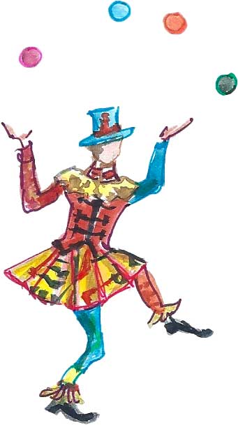aquarelle d'un jongleur à la tenue bariolée rouge, jaune et bleue
