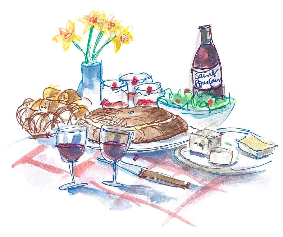 aquarelle d'un pique-nique présentant un beau repas, un bouteille de vin et un bouquet de fleurs, le tout sur une nappe blanche à quadrillage rouge