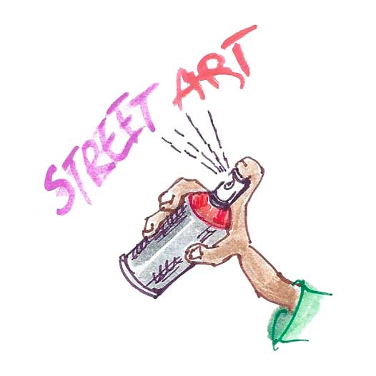 aquarelle d'une main tenant une bombe de peinture, qui écrit l'inscription "street art"