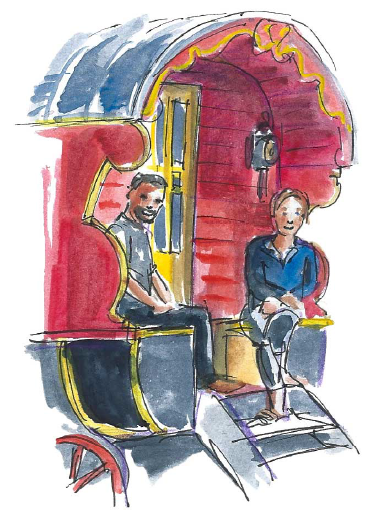 aquarelle représentant un homme et une femme assis à l'arrière d'une roulotte rouge et noire